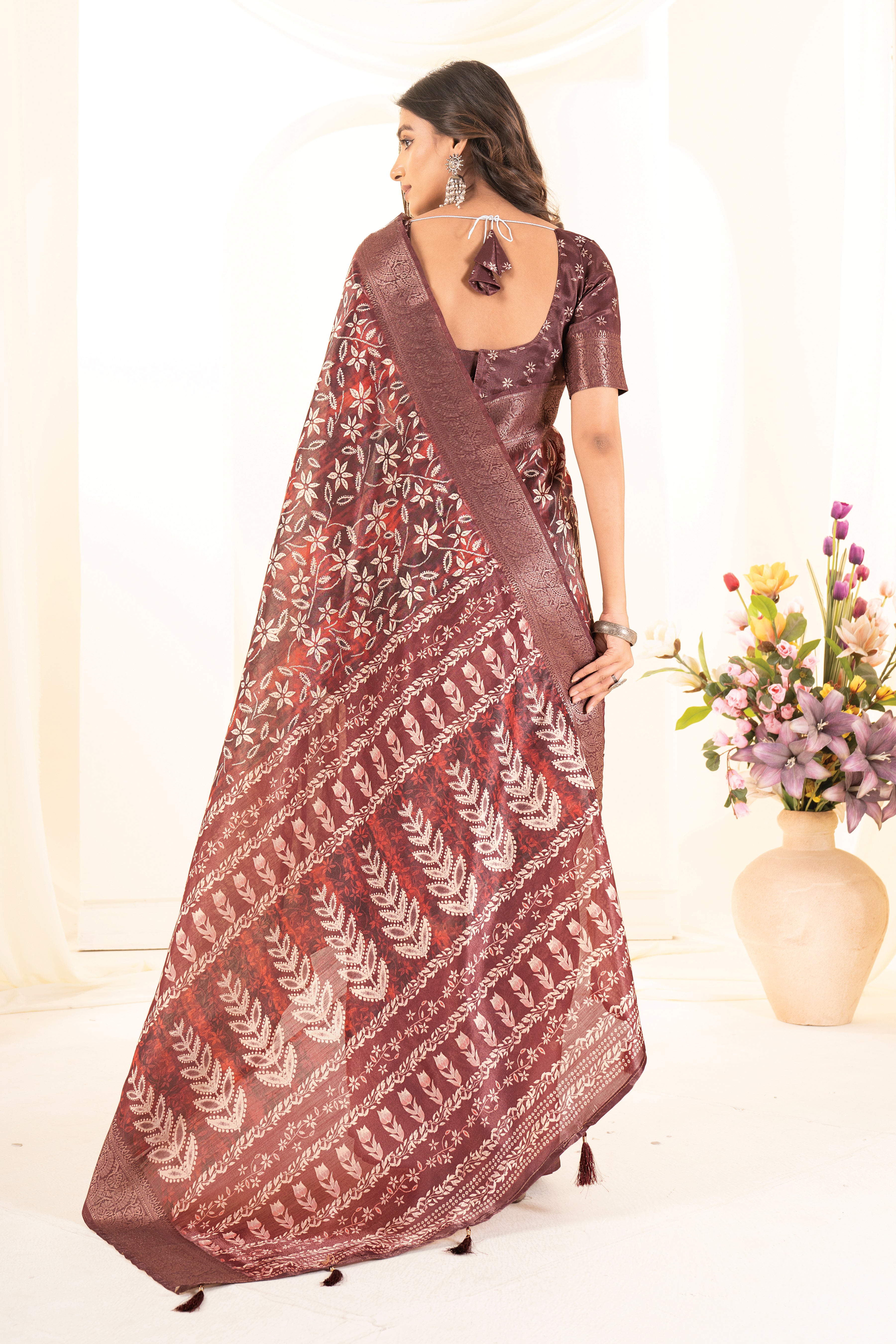 Light Maroon Tussar Silk Ajrak Saree